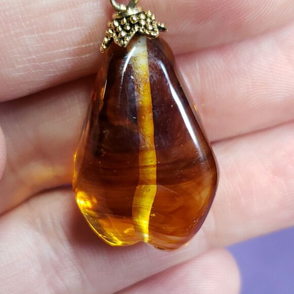 Lia Sophia Signed Gold Tone Brown Cord Amber Teardrop Glass Pendant Necklace - Picture 6 of 11